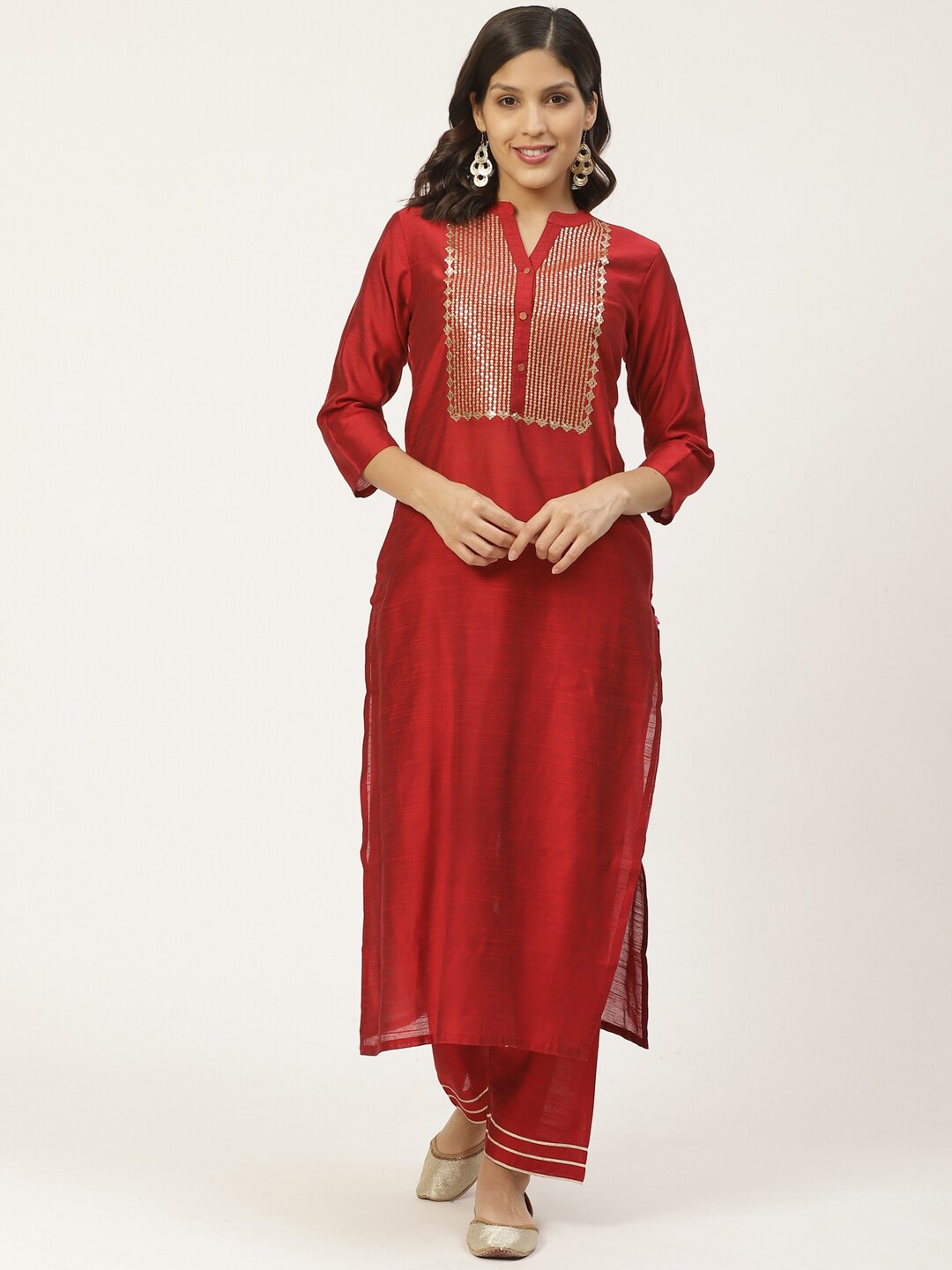 

Varanga Women Red Ethnic Motifs Embroidered Regular Sequinned Kurta with Trousers