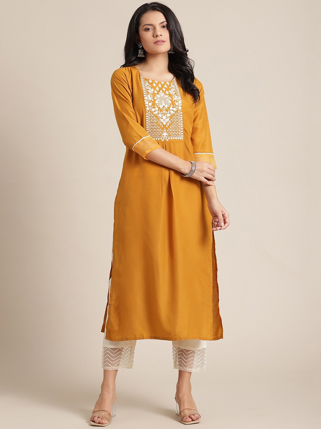 

Varanga Women Mustard Yellow Yoke Design Panelled Thread Work Kurta with Trousers