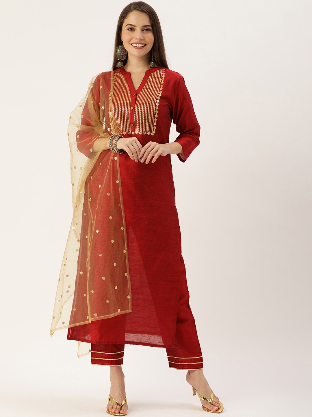 

Varanga Women Maroon Yoke Design Regular Sequinned Kurta with Trousers & With Dupatta