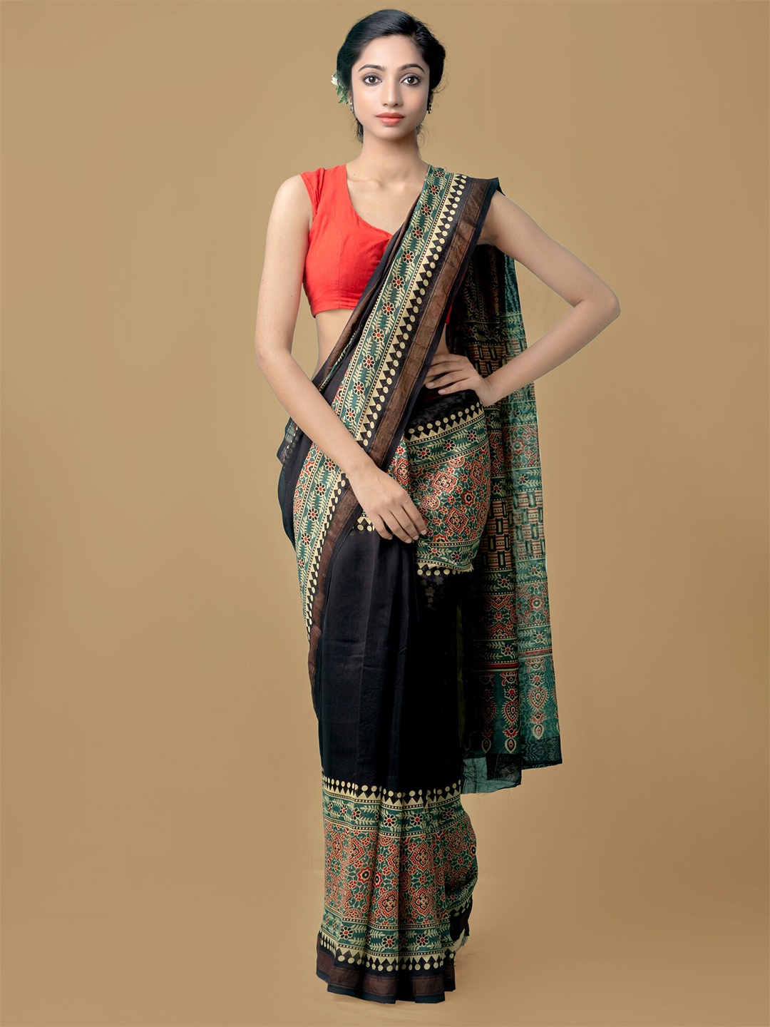 

Unnati Silks Green & Black Zari Silk Cotton Chanderi Saree