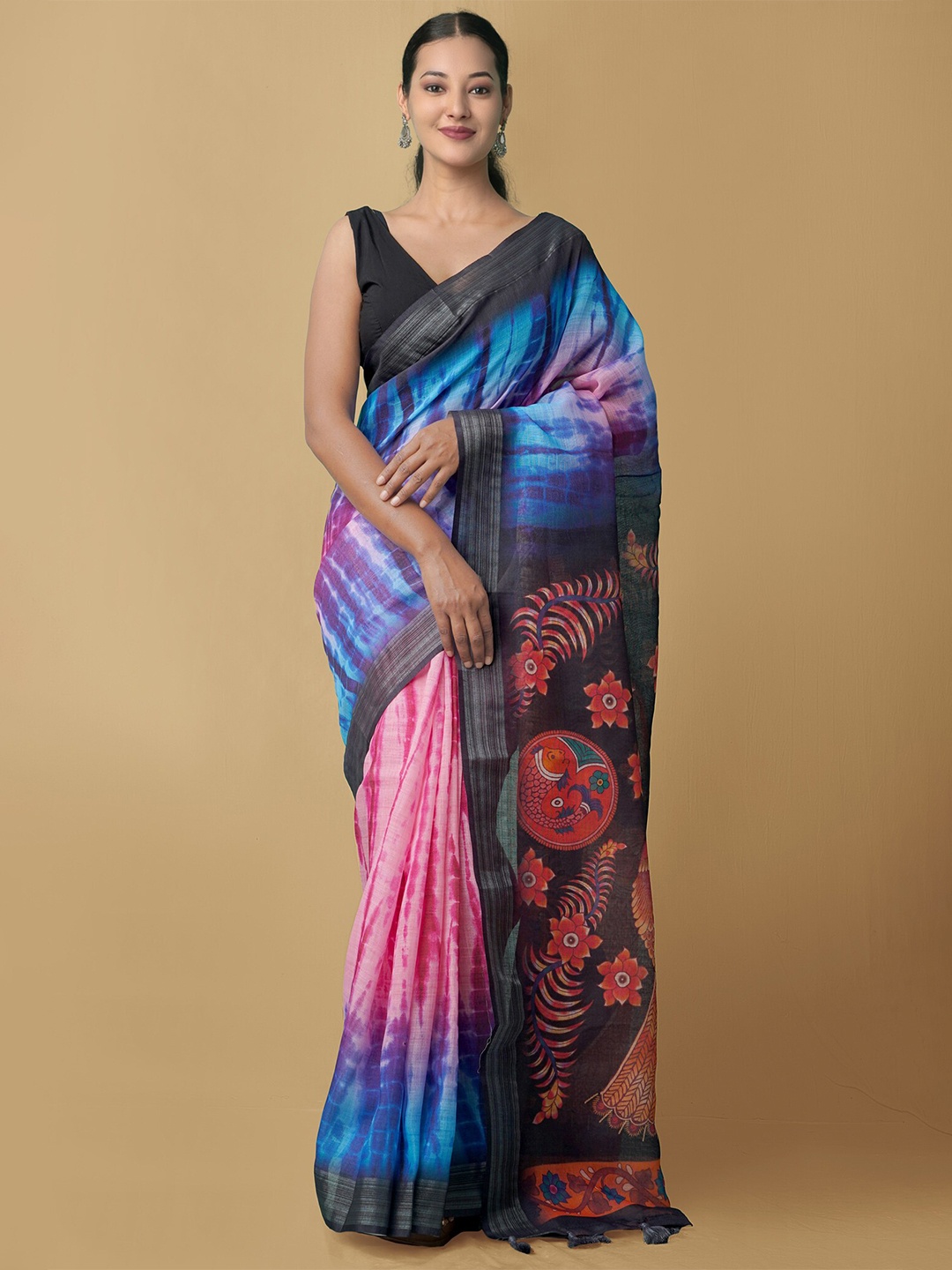 

Unnati Silks Pink & Black Printed Kalamkari Pallu Linen Blend Saree
