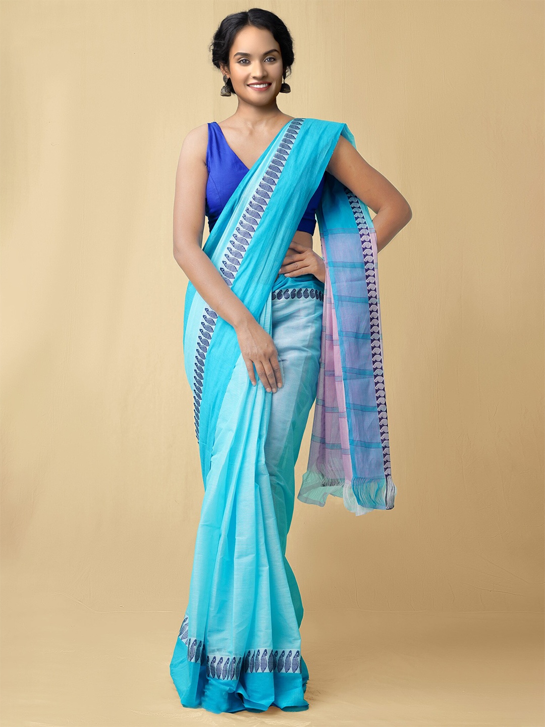 

Unnati Silks Blue & Pink Ethnic Motifs Pure Cotton Mangalagiri Saree