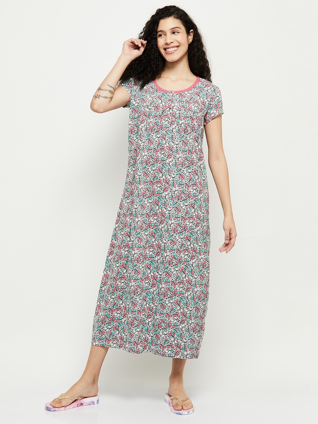 

max Grey Melange & Pink Printed Maxi Nightdress