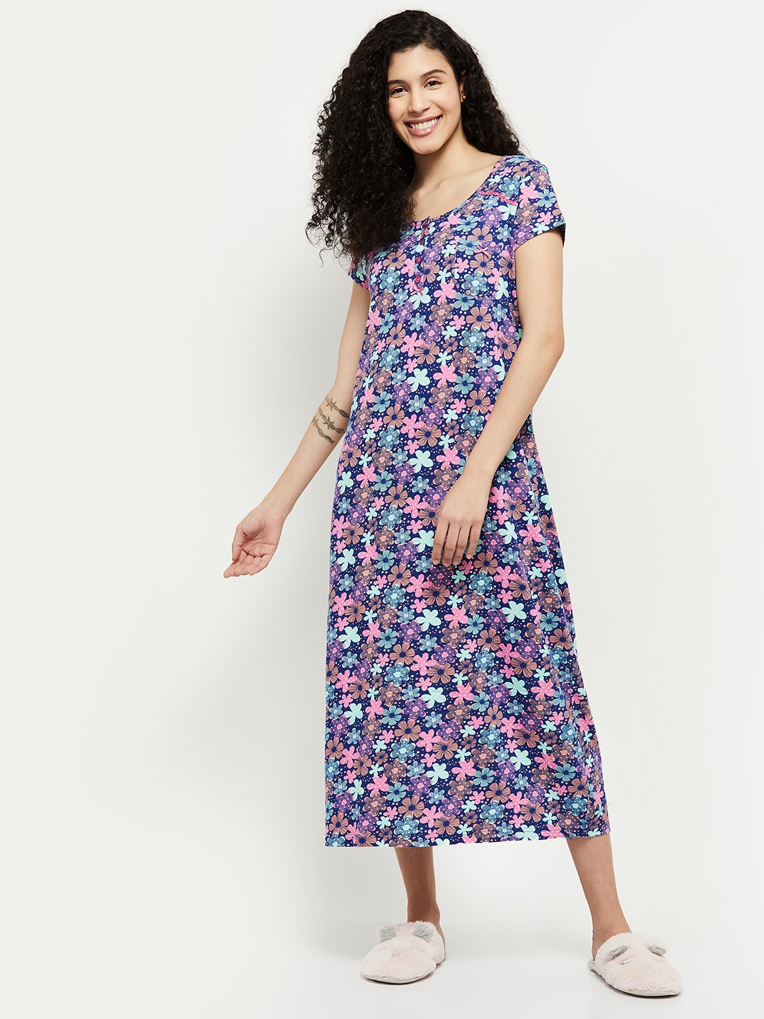 

max Blue & Pink Printed Cotton Maxi Nightdress