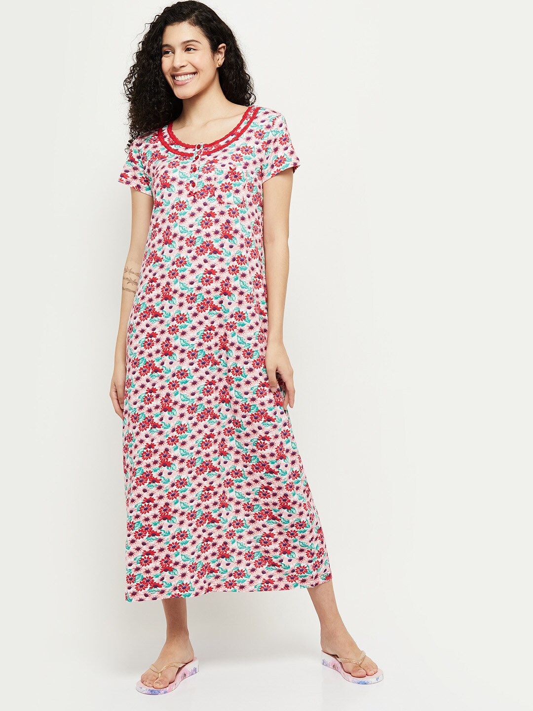 

max Women Red & White Floral Printed Pure Cotton Maxi Nightdress
