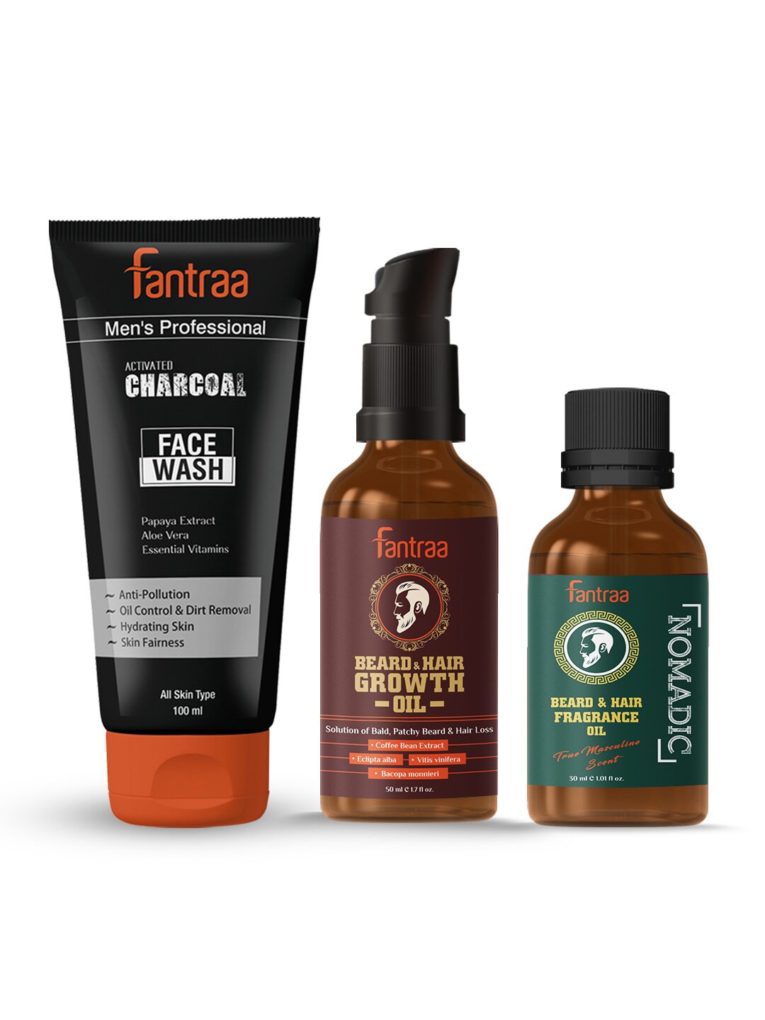 

Fantraa Set of 3 Beard Growth Oil - Nomadic Beard Fragrance Oil & Charcoal Face Wash, Black