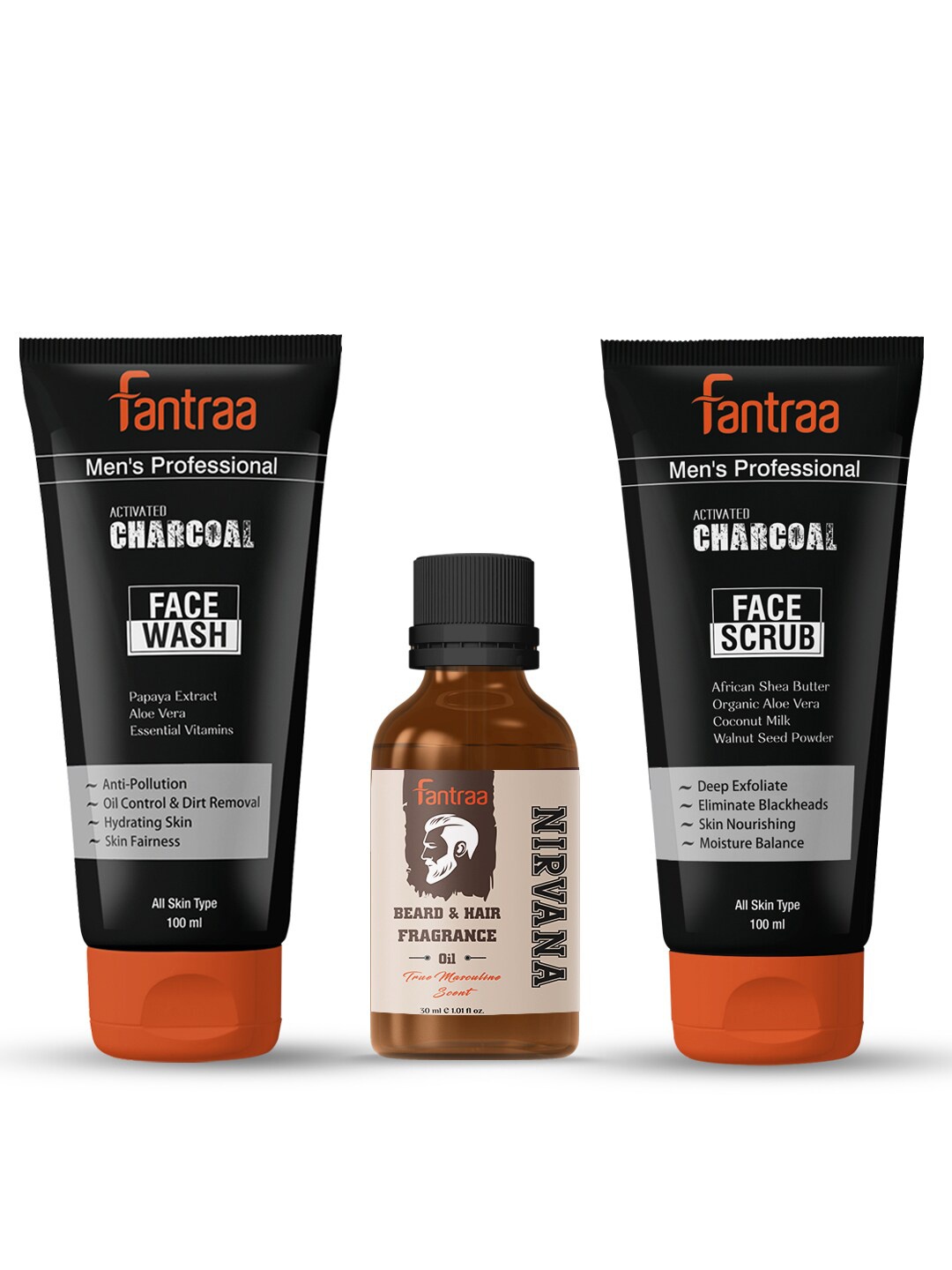 

Fantraa Men Set Of 3 Nirvana Beard Fragrance Oil With Charcoal Face Wash & Scrub, Black