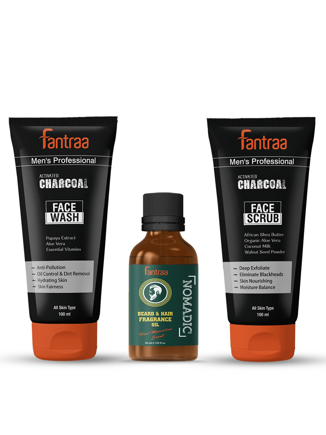 

Fantraa Men Set of 3 Nomadic Beard Fragrance Oil - Charcoal Face Wash & Scrub, Black