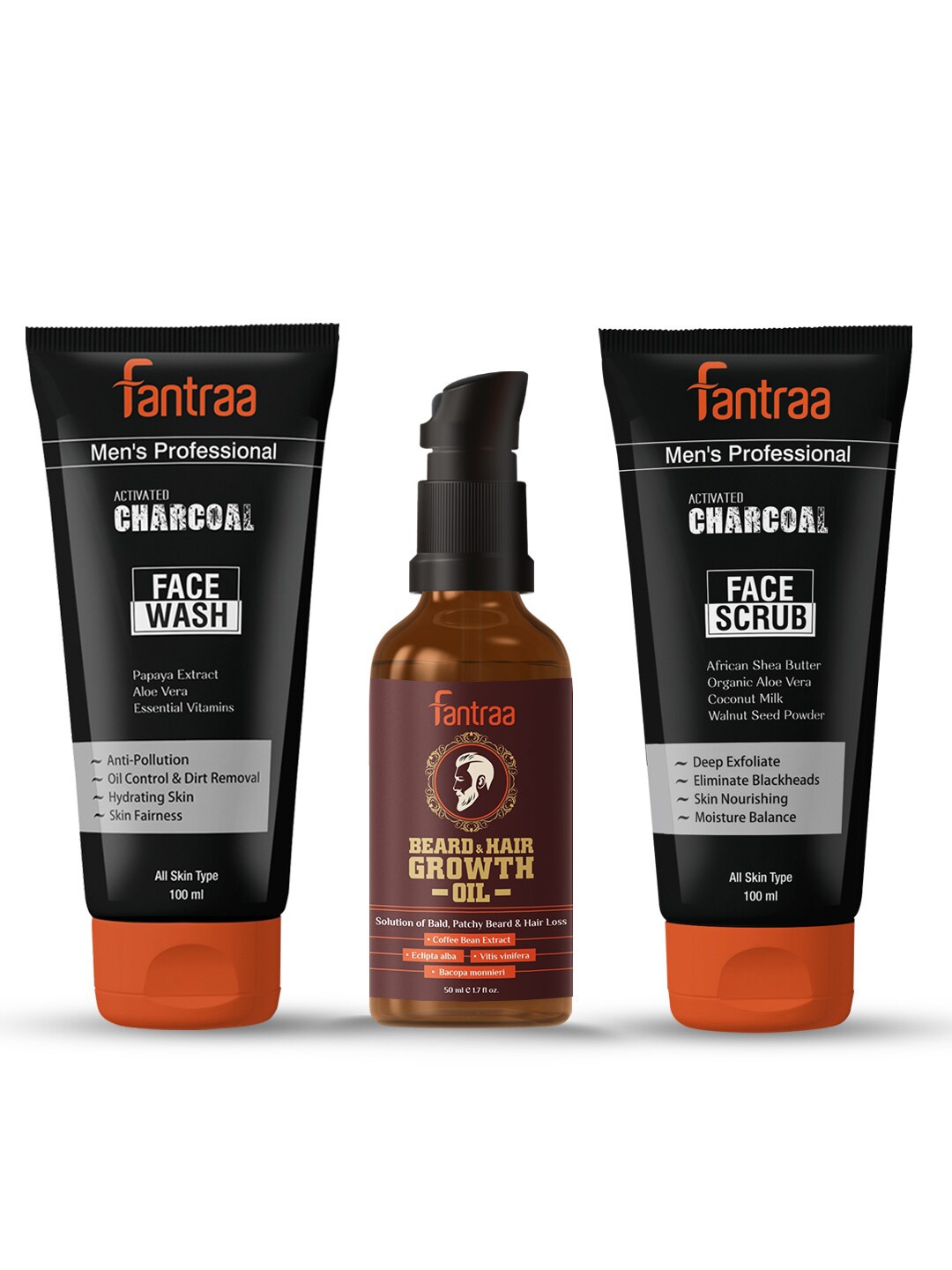

Fantraa Men Set of Beard & Hair Growth Oil, Charcoal Face Wash & Scrub 250 ml, Black