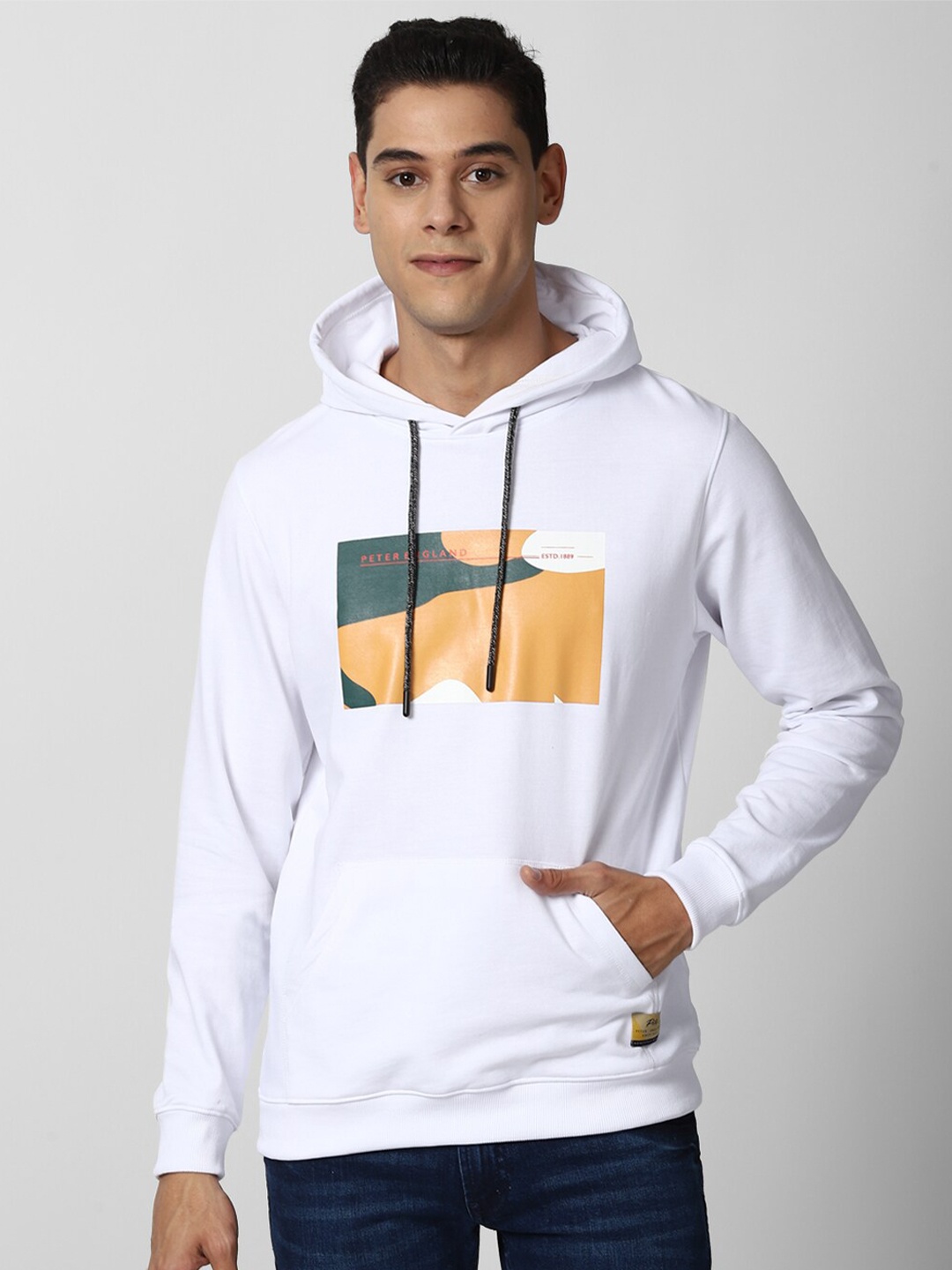 

Peter England Casuals Men White Printed Hooded Sweatshirt