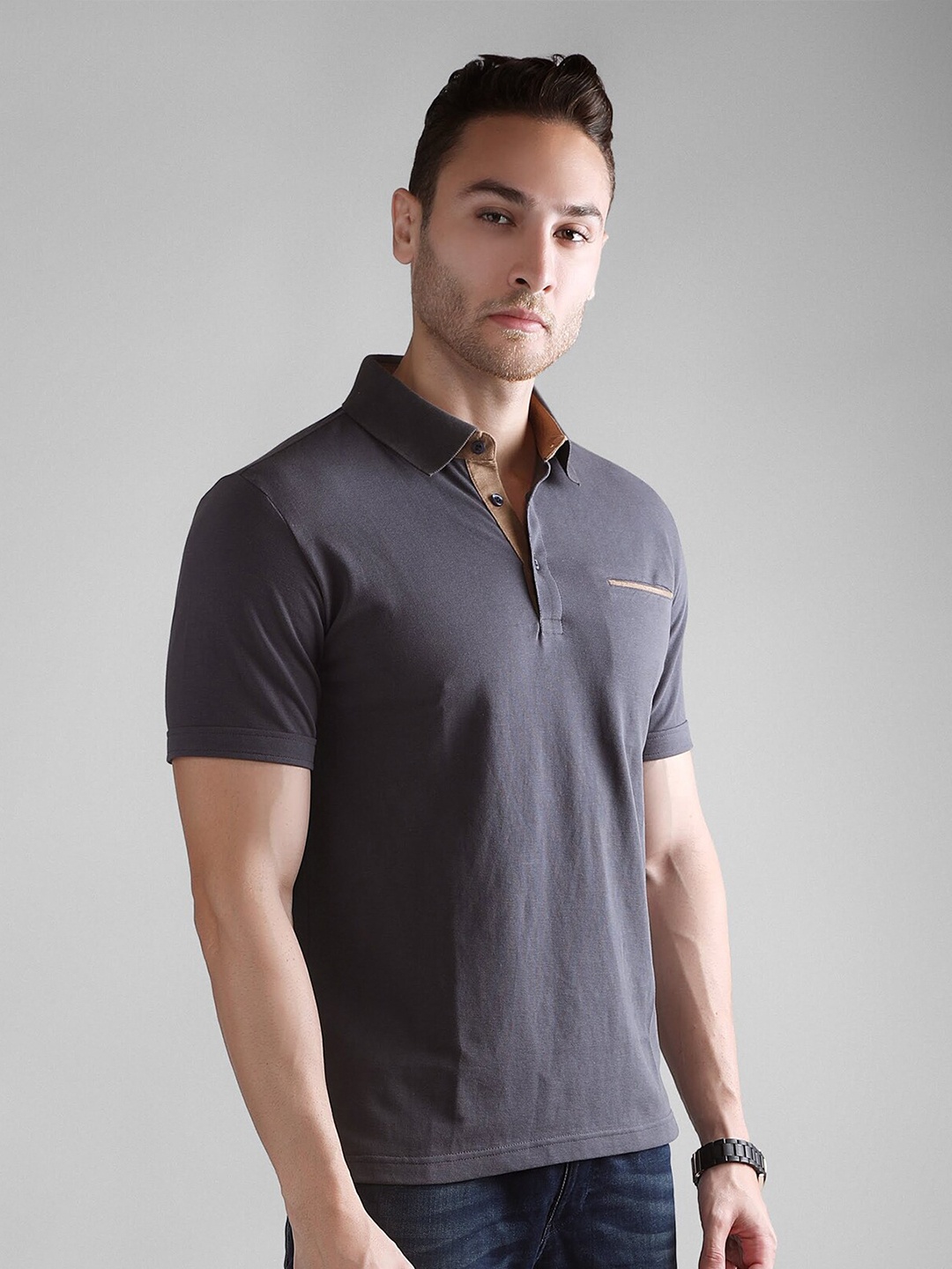 

Dream of Glory Inc Men Grey Polo Collar Pockets Outdoor T-shirt