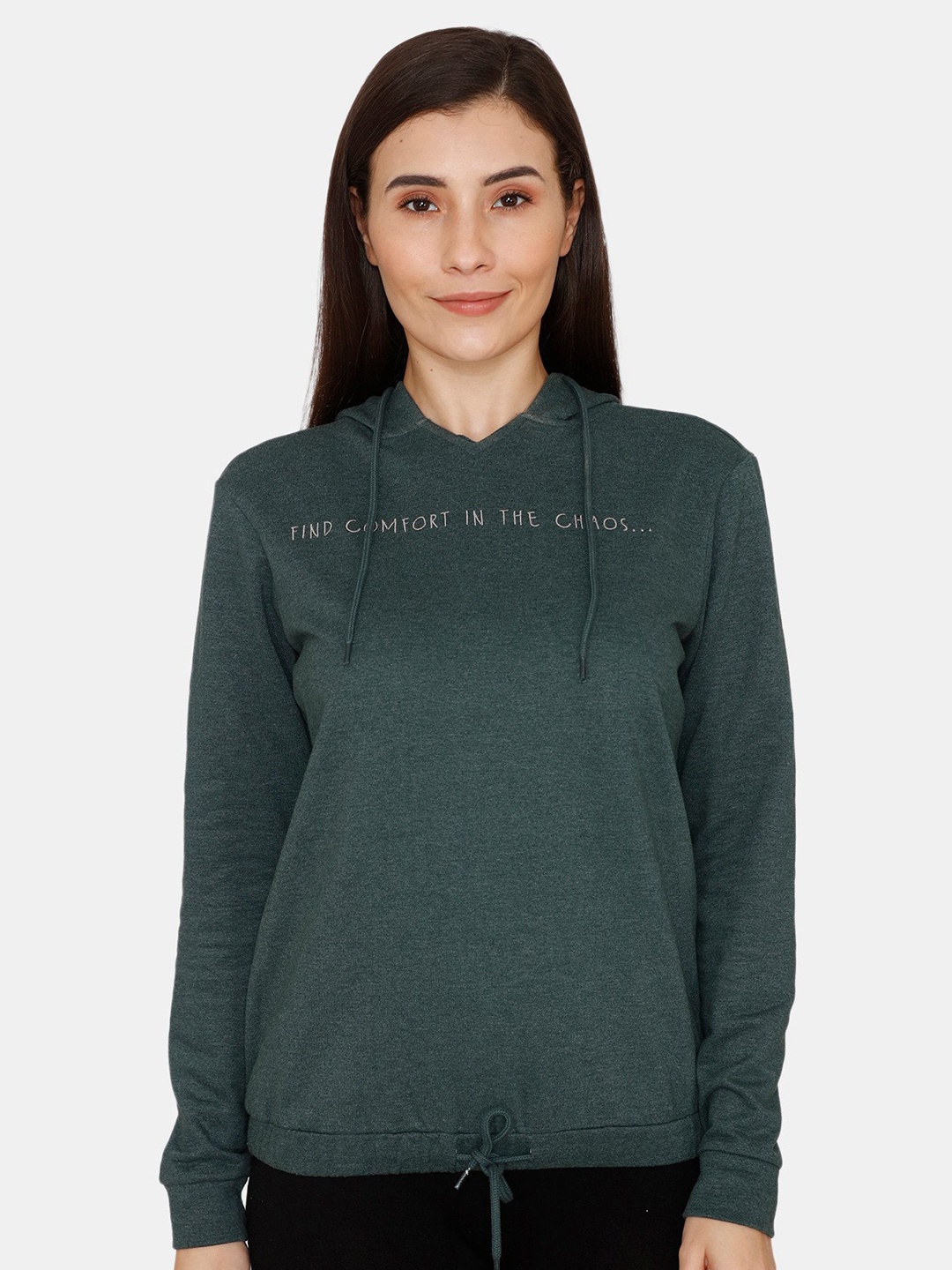 

Zivame Women Green Embroidered Hooded Sweatshirt