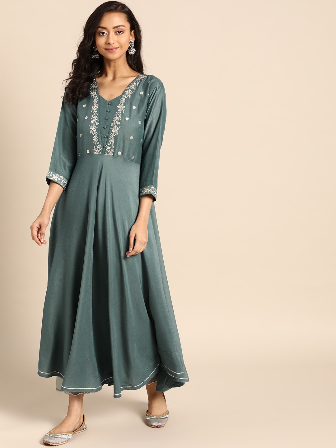 

Varanga Women Teal Floral Embroidered Pleated Kurti with Trousers