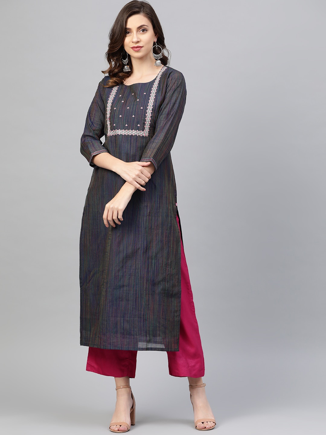 

Varanga Women Navy Blue Geometric Yoke Design Chanderi Silk Chanderi Silk Kurta