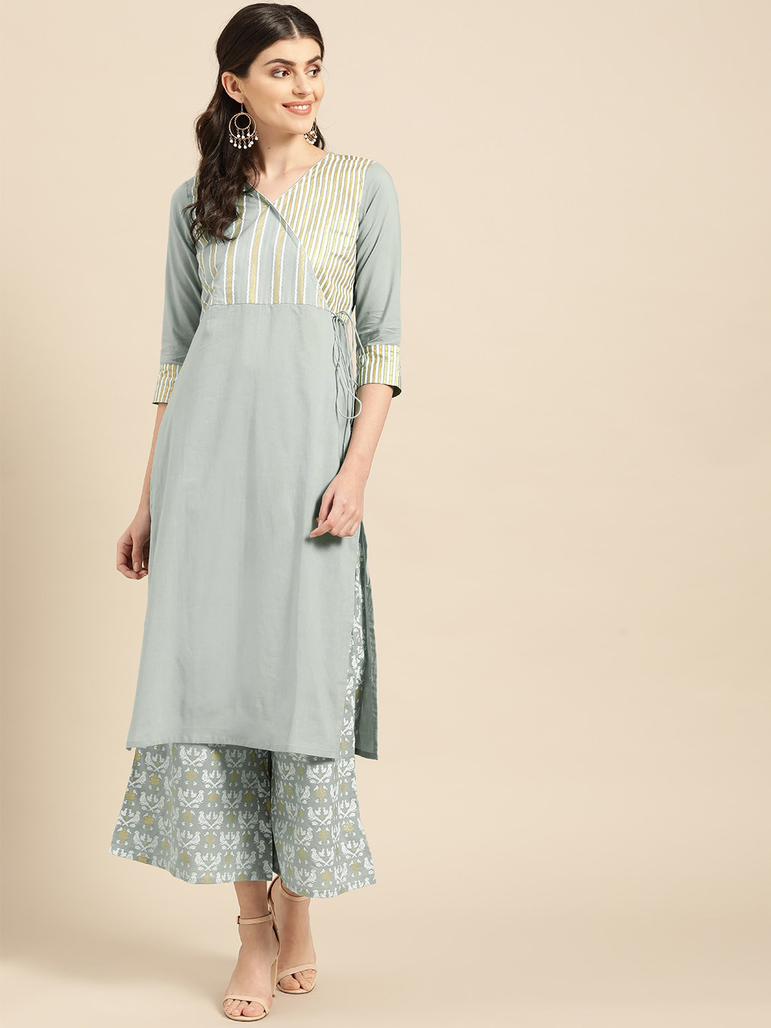 

Varanga Women Grey Ethnic Motifs Yoke Design Angrakha Pure Cotton Kurta with Palazzos