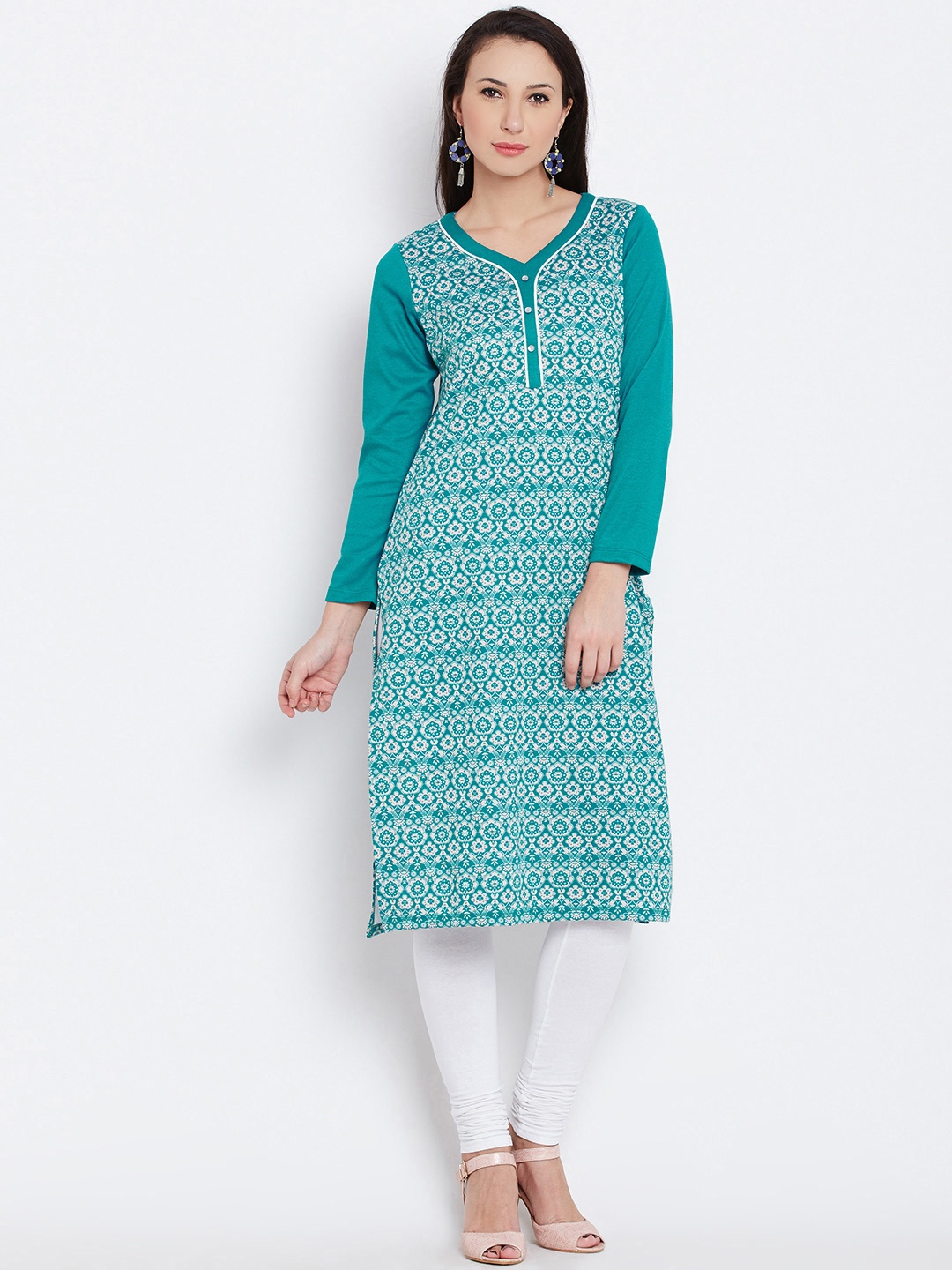 

AURELIA Women Sea Green & White Printed Straight Kurta