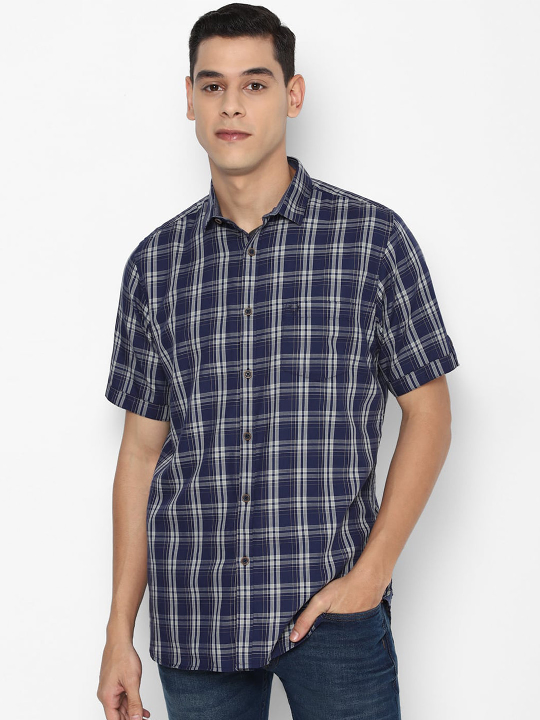 

Allen Solly Men Navy Blue Slim Fit Tartan Checks Opaque Cotton Casual Shirt
