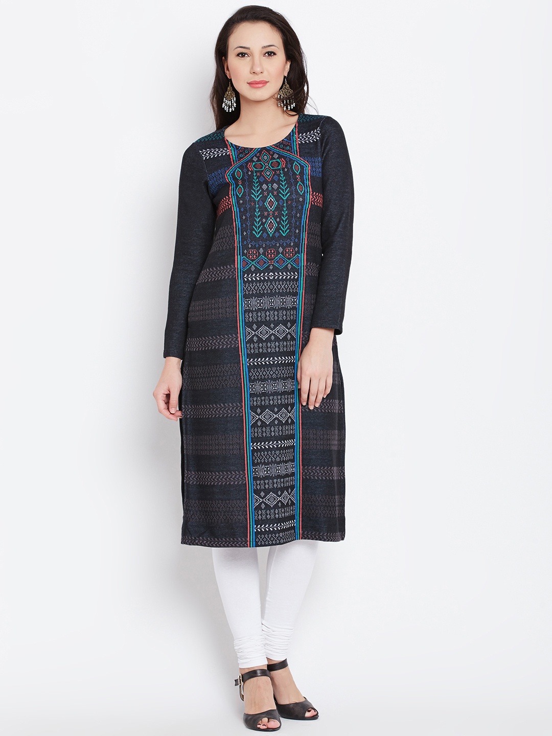 

AURELIA Women Black Woven Design Straight Winter Kurta