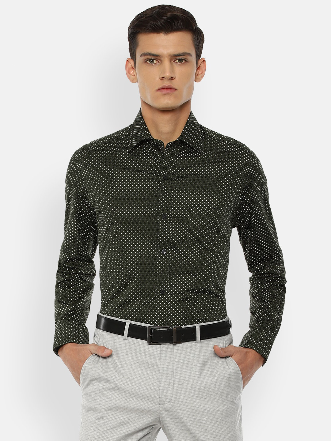 

Louis Philippe Men Olive Green Opaque Printed Formal Shirt