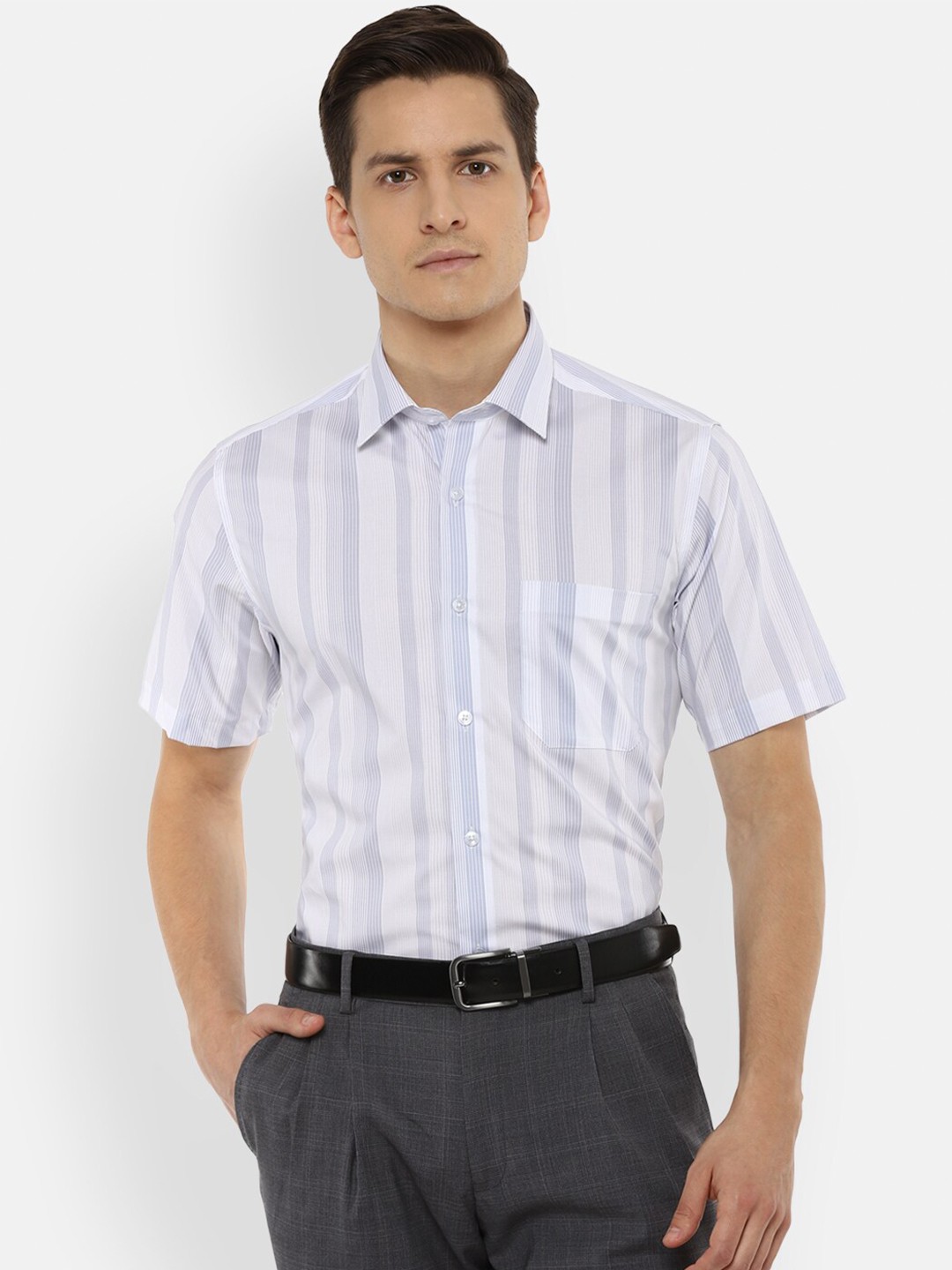 

Louis Philippe Men Grey Slim Fit Opaque Striped Formal Shirt