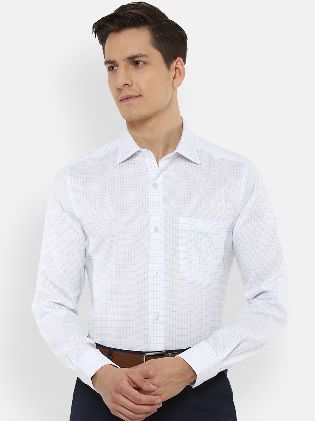 

Louis Philippe Permapress Men White & Blue Opaque Checked Pure Cotton Formal Shirt