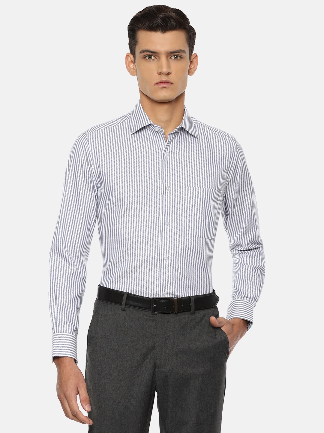 

Louis Philippe Permapress Men Grey Opaque Striped Wrinkle Free Formal Shirt