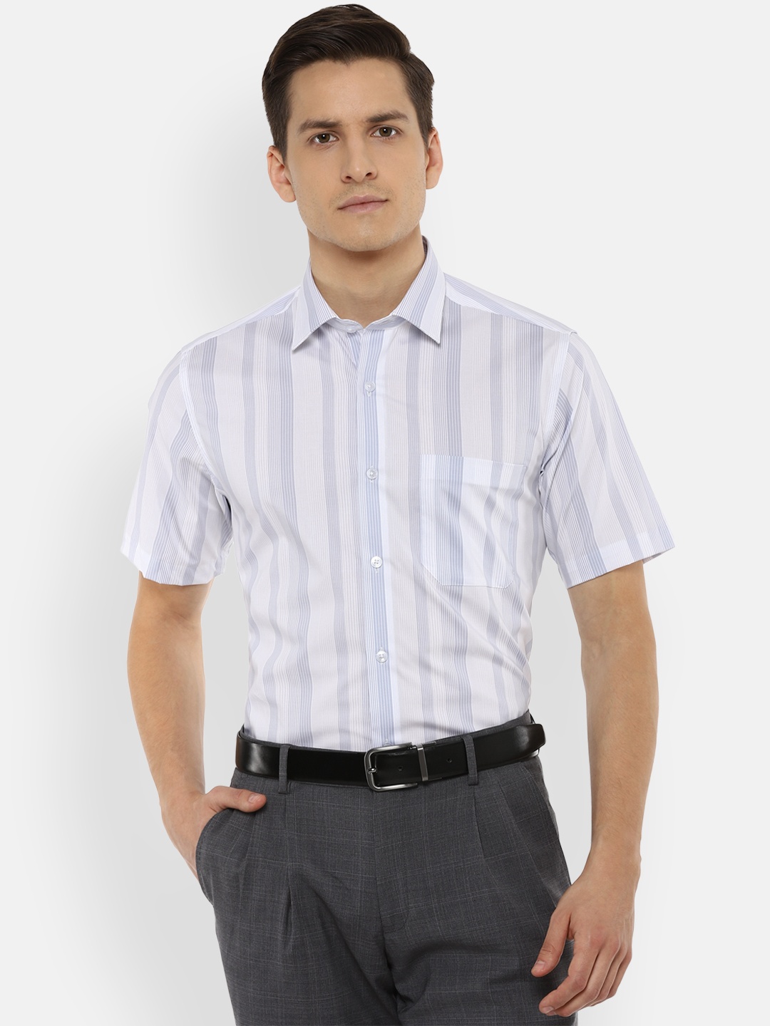 

Louis Philippe Men Grey Slim Fit Opaque Striped Formal Shirt