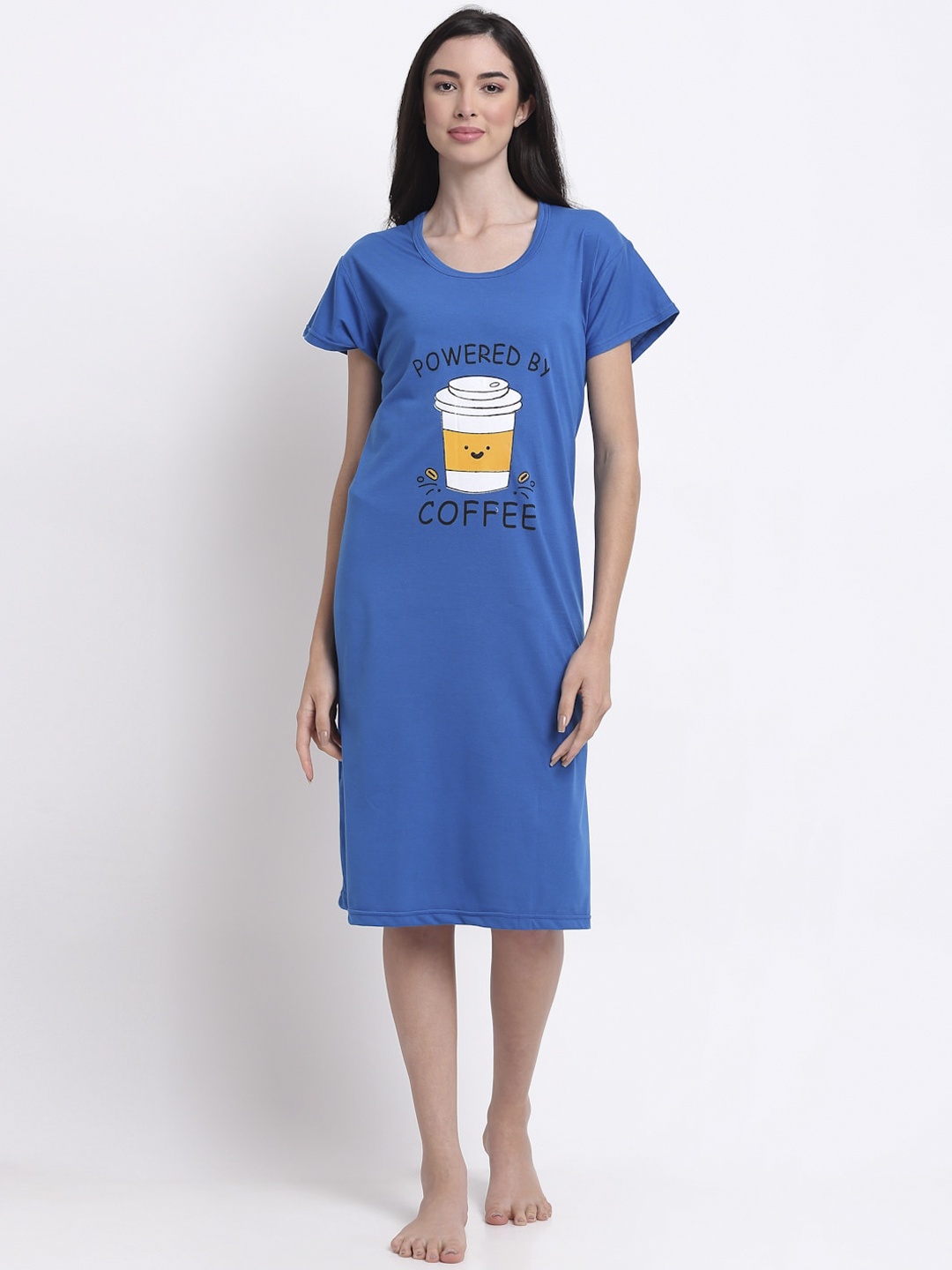 

Secret Wish Women Blue Printed Pure Cotton T Shirt Night Dress