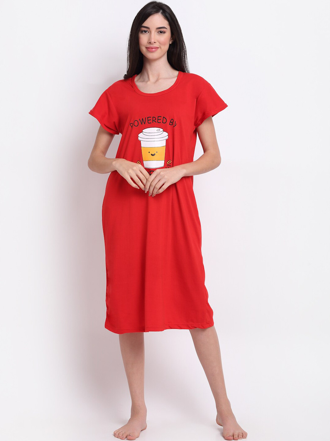 

Secret Wish Women Red Printed Pure Cotton T Shirt Night Dress