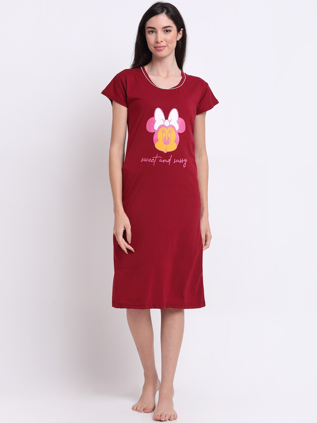 Secret Wish Maroon Printed Pure Cotton Hosiery Nightdress
