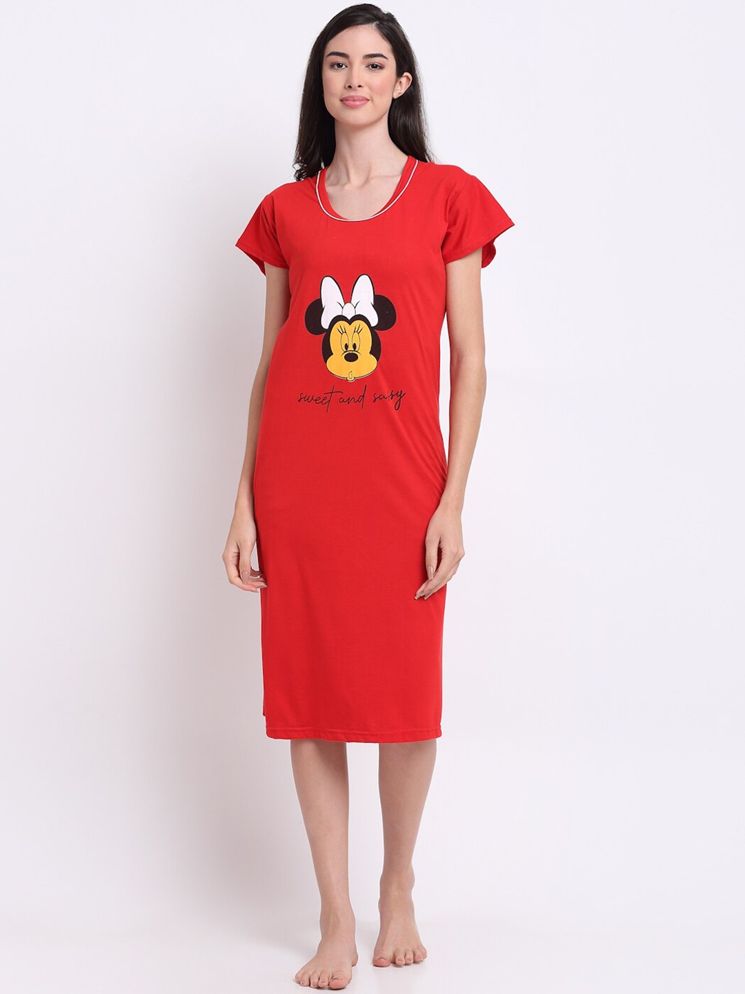 

Secret Wish Women Red Mickey Mouse Printed Cotton Nightdress