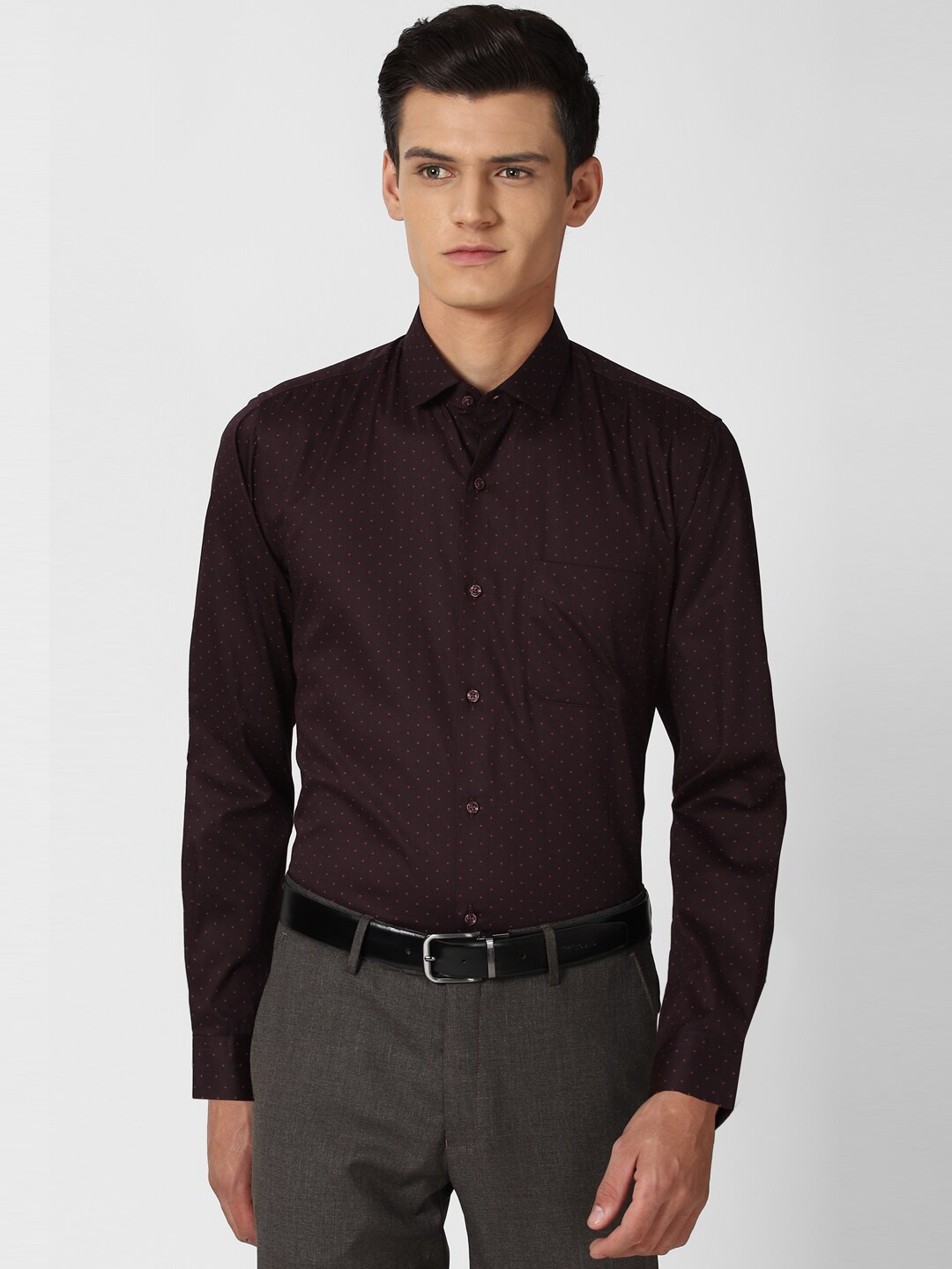 

Peter England Men Brown Slim Fit Opaque Printed Pure Cotton Formal Shirt