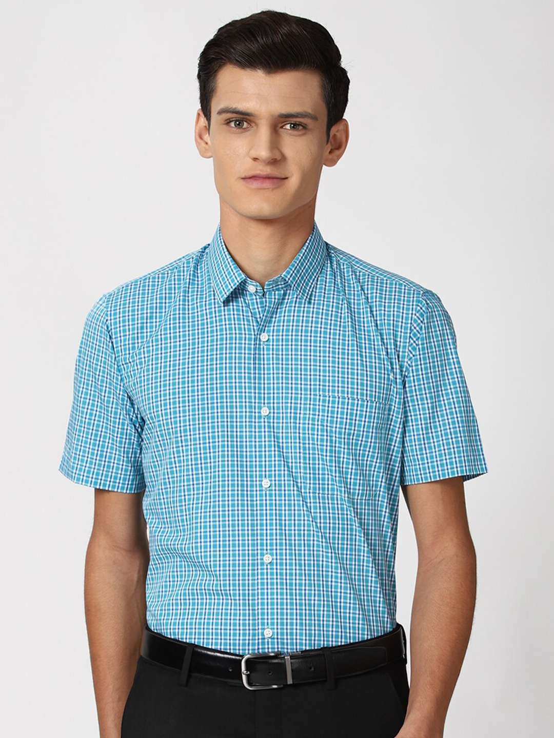 

Peter England Men Blue Opaque Checked Formal Shirt