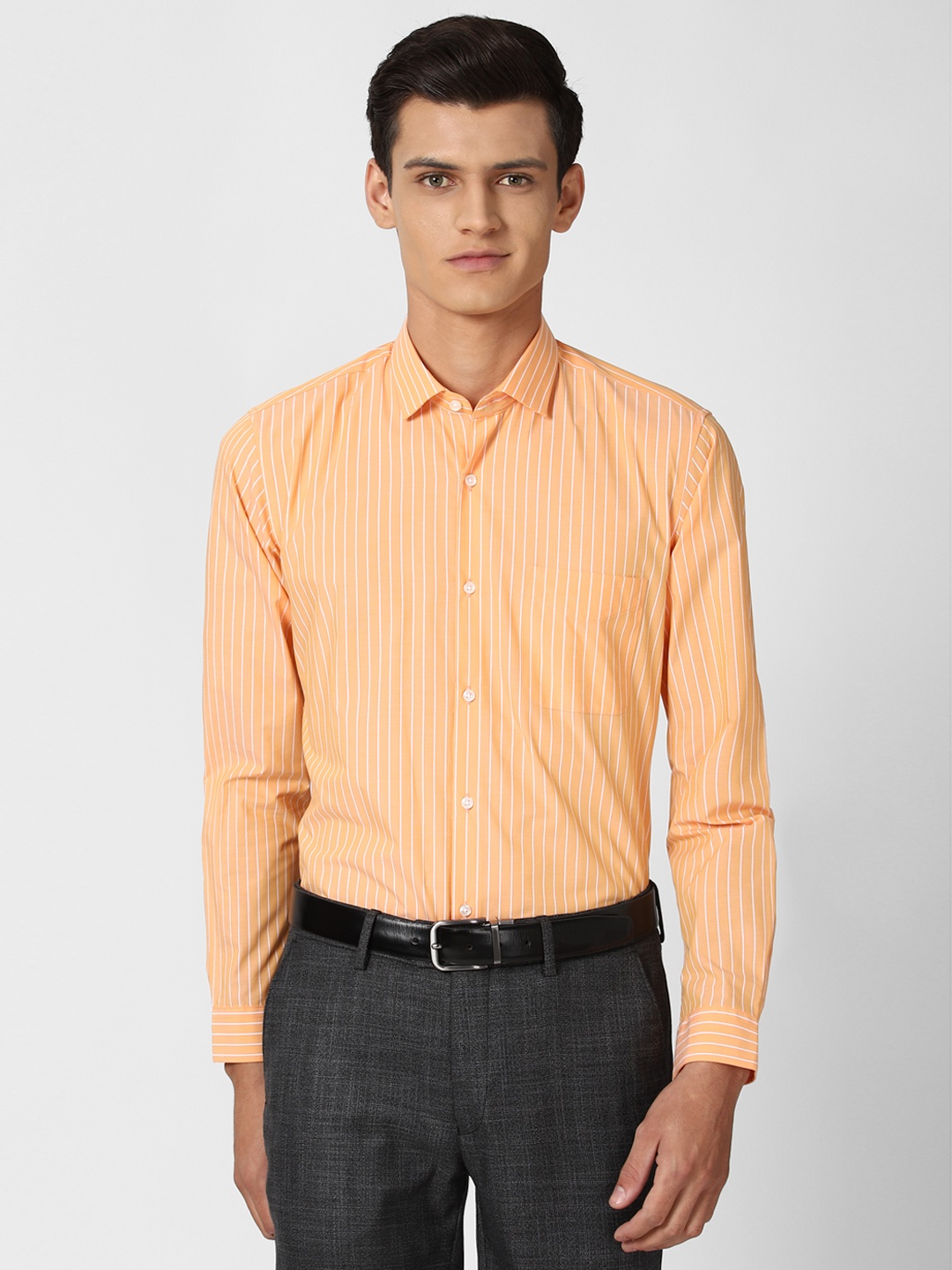 

Peter England Men Orange Striped Formal Shirt