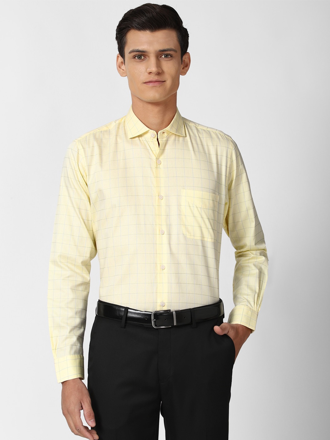 

Peter England Elite Men Yellow Opaque Checked Cotton Formal Shirt