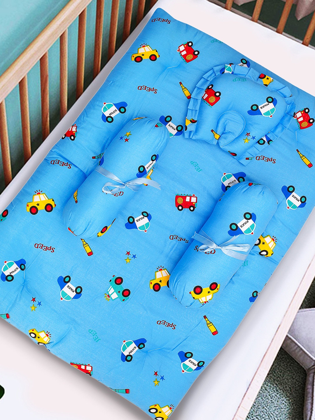 

Baby Moo Kids Blue Printed Cotton Mattress Set With Neck Pillow and Bolsters