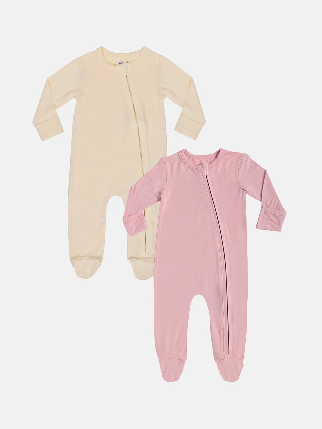 

Softsens Kids Pack of 2 Cream Colored & Coral Solid Bamboo Zipper Footies