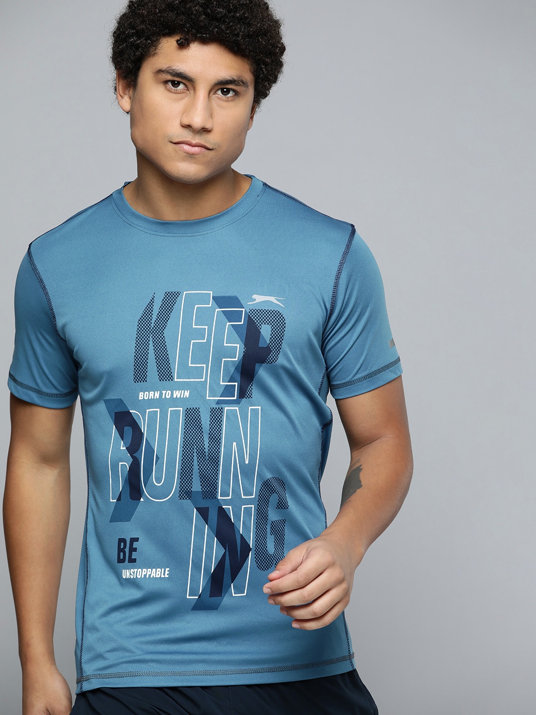 

Slazenger Men Blue & White Sports Printed Ultra-Dry Regular Fit Running T-shirt
