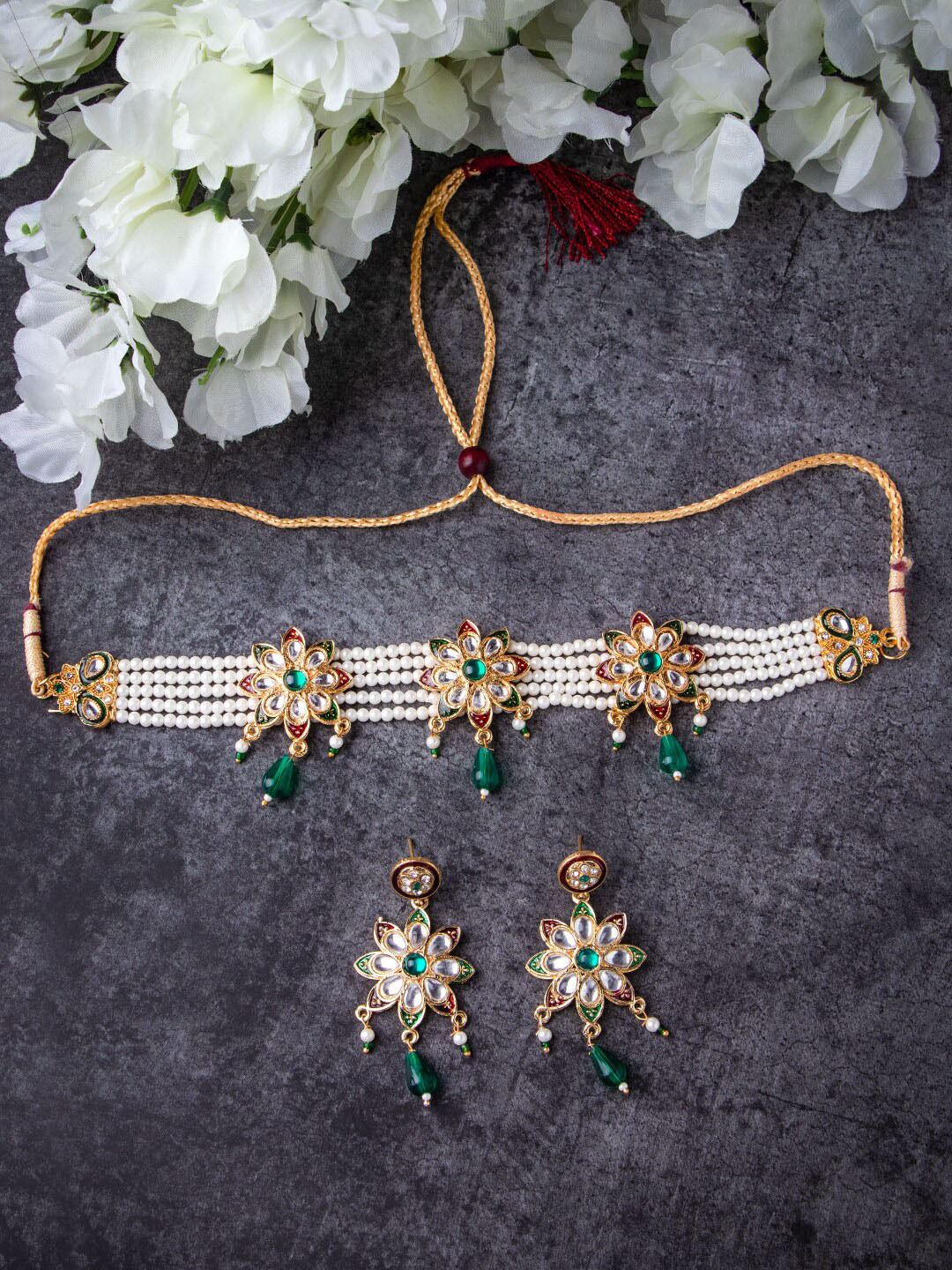 

MORKANTH JEWELLERY Gold-Plated Green & White Stone-Studded & White Beaded Jewellery Set