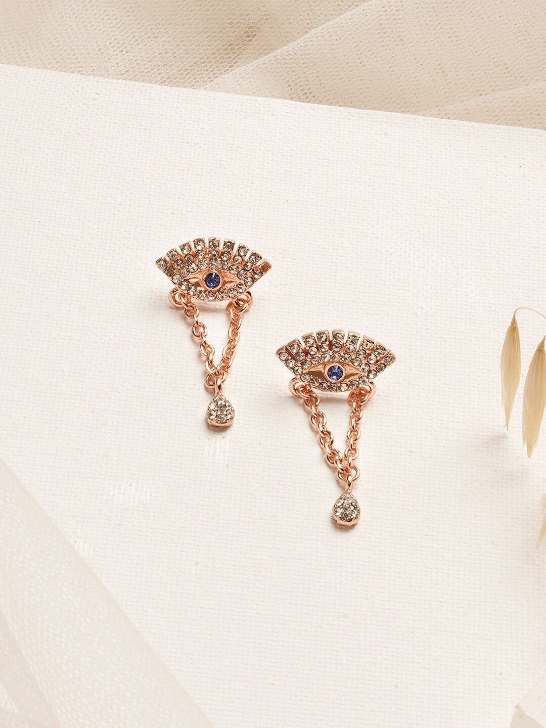 

JOKER & WITCH Rose Gold-Toned Evil Eye Rhinestone Studded Contemporary Studs Earrings