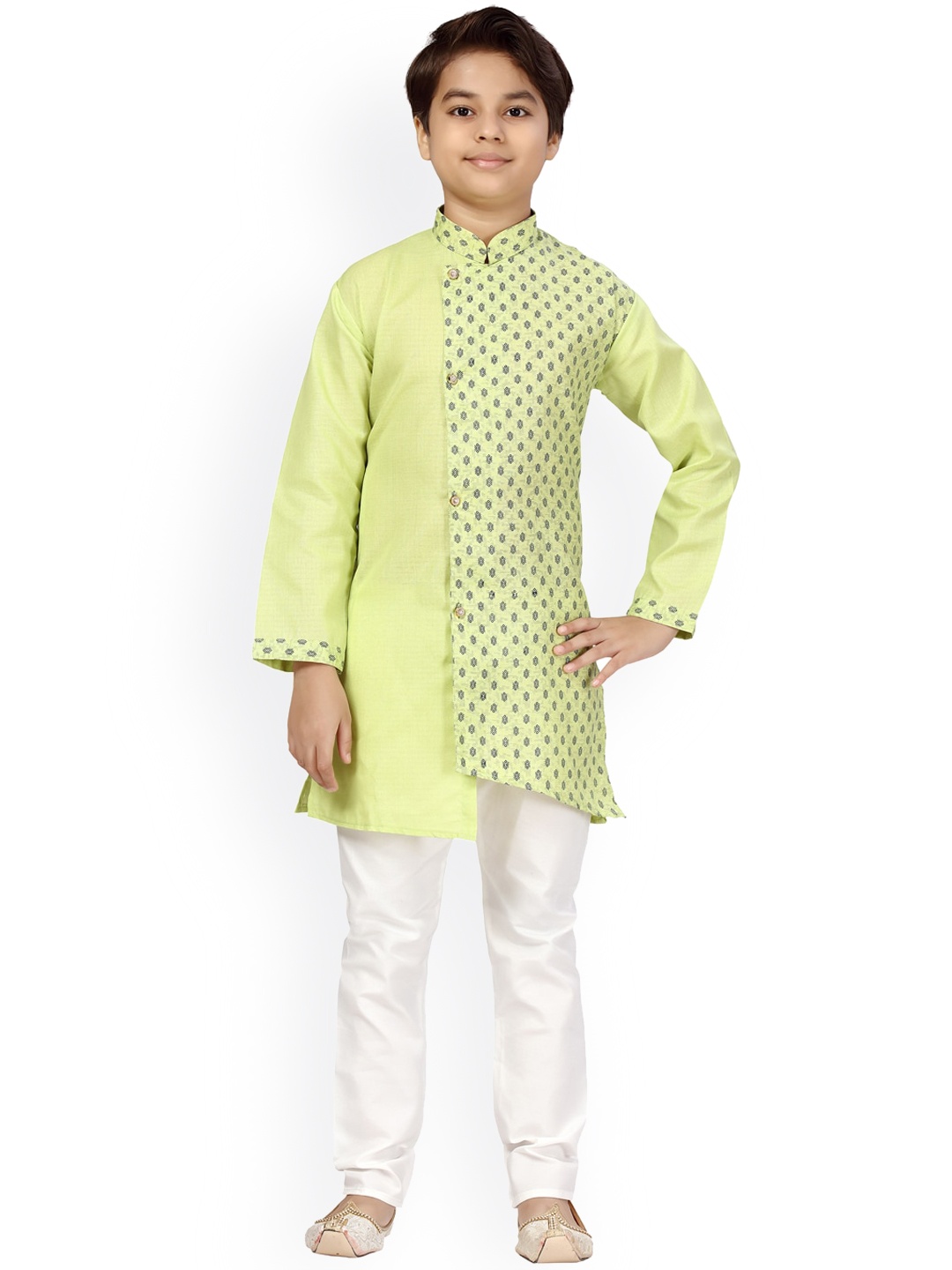 

LITTLE MAFIA BY Aarika Boys Lime Green & Blue Angrakha Pure Cotton Kurta with Pyjamas