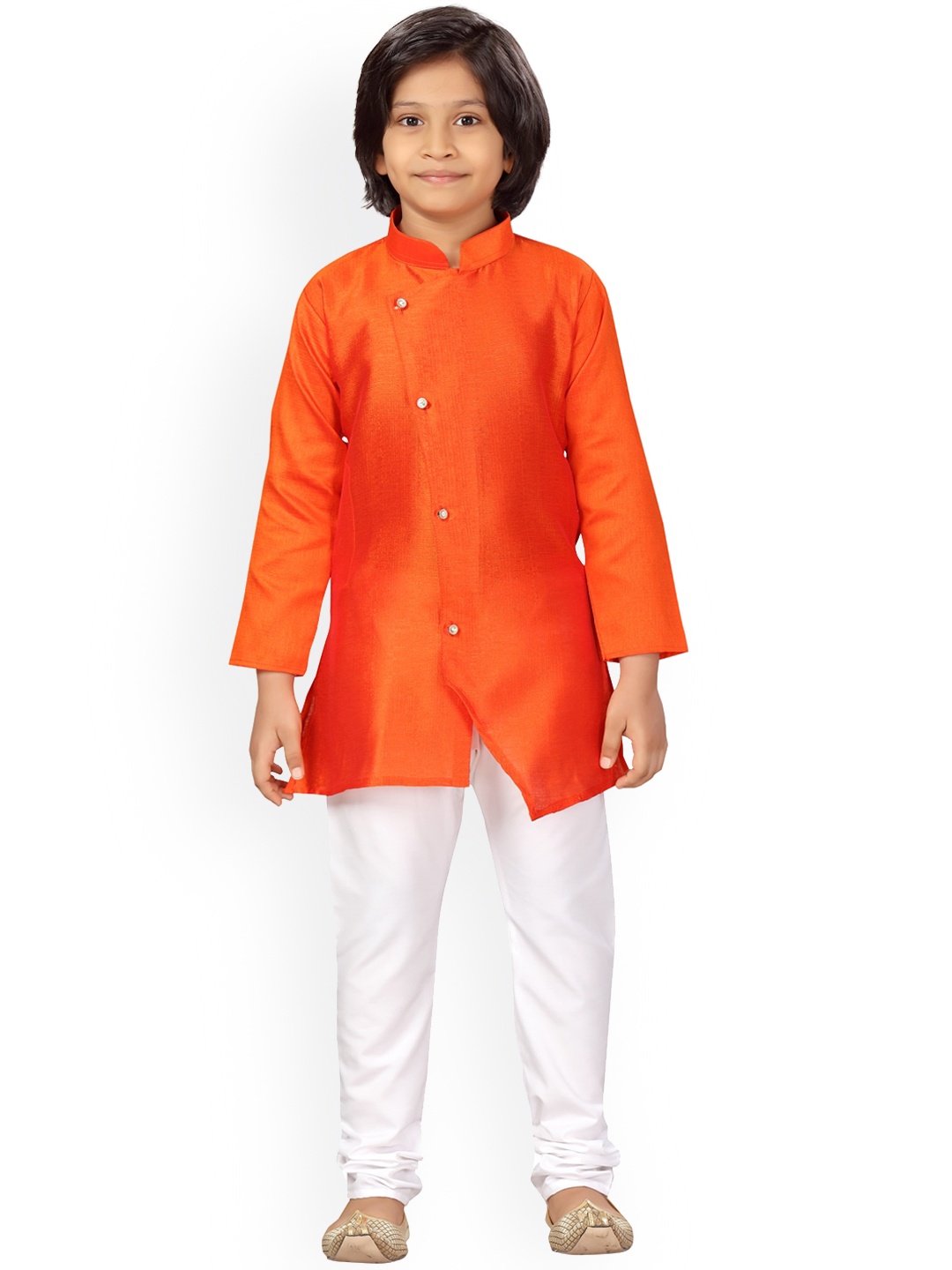 

LITTLE MAFIA BY Aarika Boys Orange Angrakha Pure Silk Kurta with Pyjamas