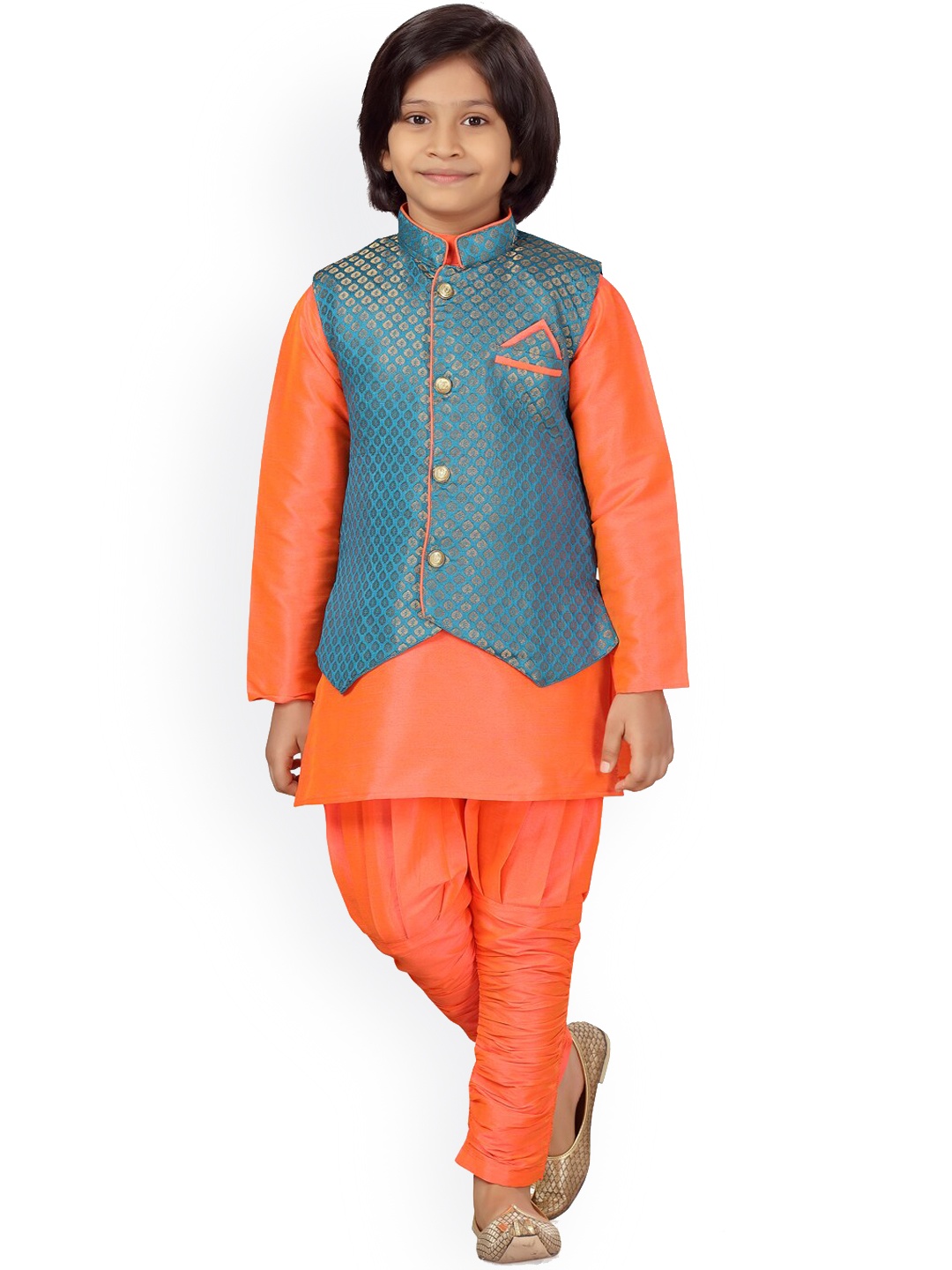 

LITTLE MAFIA BY Aarika Boys Orange & Blue Pure Silk Kurta Pyjamas with Nehru Jacket