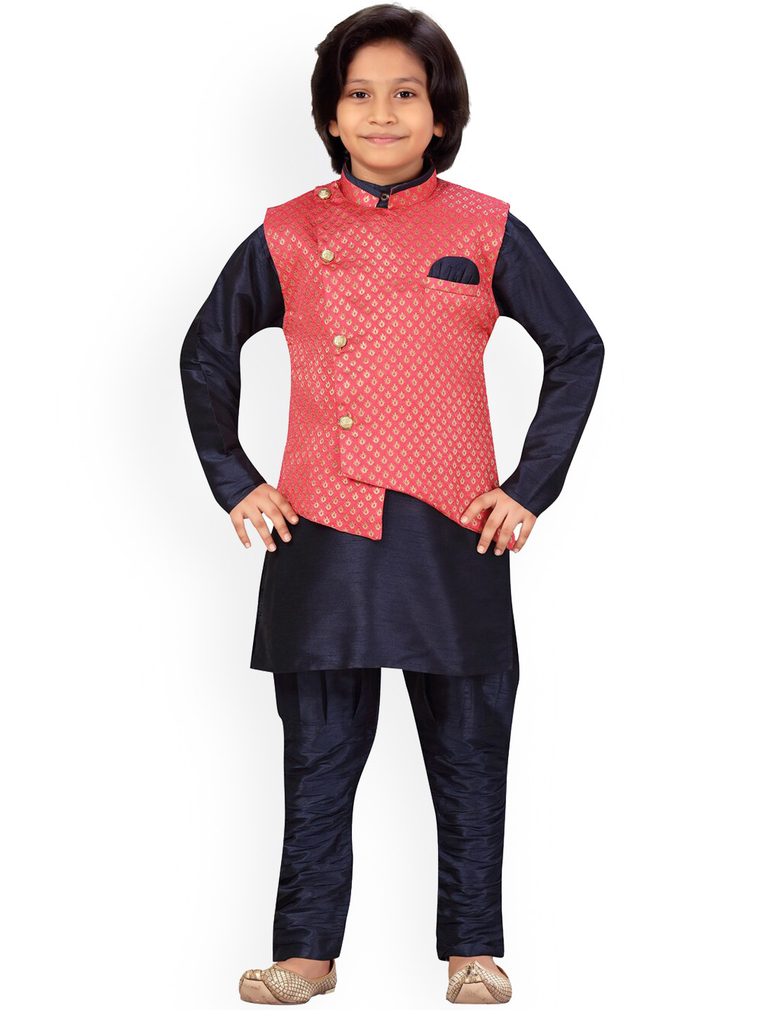 

LITTLE MAFIA BY Aarika Boys Pink Regular Pure Silk Kurta with Trousers