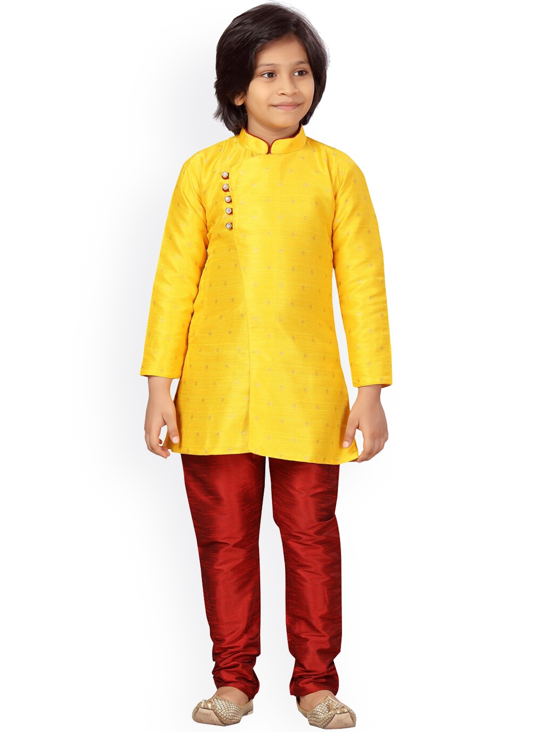 

LITTLE MAFIA BY Aarika Boys Yellow & Maroon Angrakha Pure Silk Kurta with Pyjamas