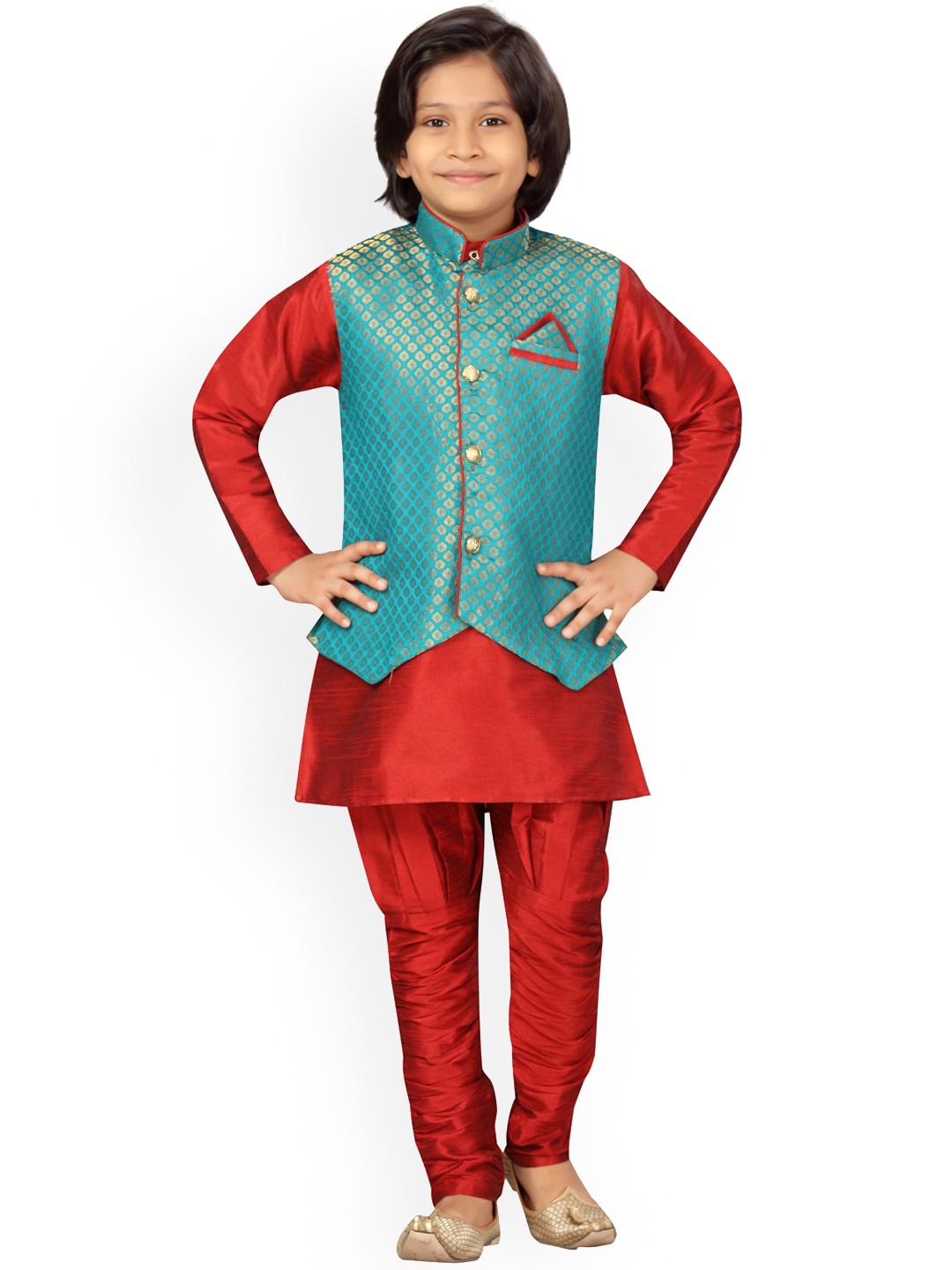 

LITTLE MAFIA BY Aarika Boys Green Layered Pure Silk Kurta with Pyjamas
