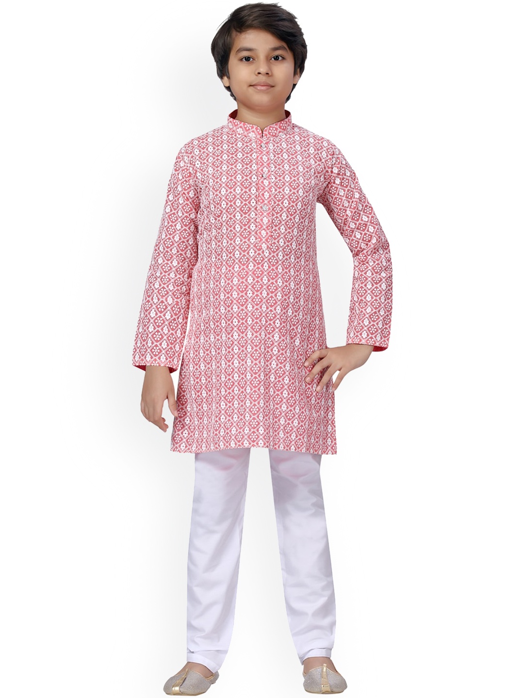 

LITTLE MAFIA BY Aarika Boys Pink & White Embroidered Pure Cotton Kurta with Pyjamas