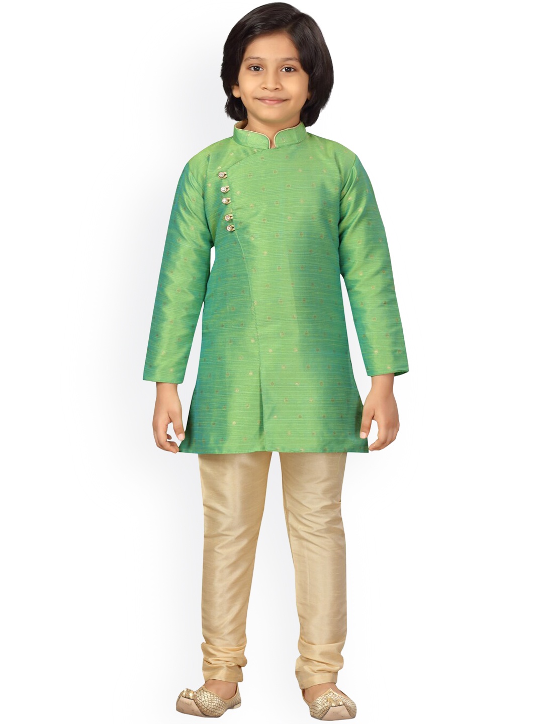 

LITTLE MAFIA BY Aarika Boys Green & Gold-Toned Regular Pure Silk Kurta With Pyjamas