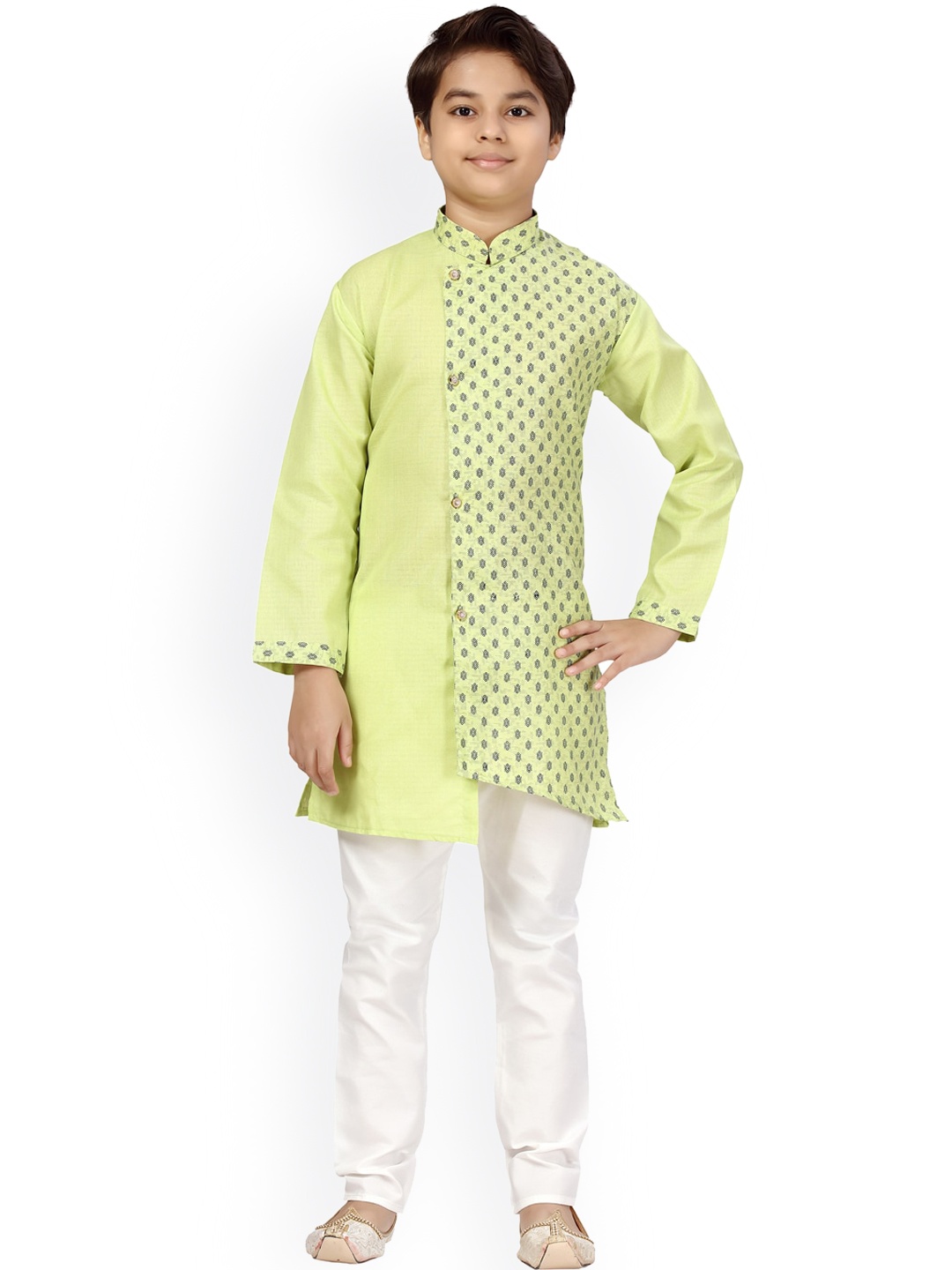 

LITTLE MAFIA BY Aarika Boys Lime Green Angrakha Pure Cotton Kurta with Pyjamas