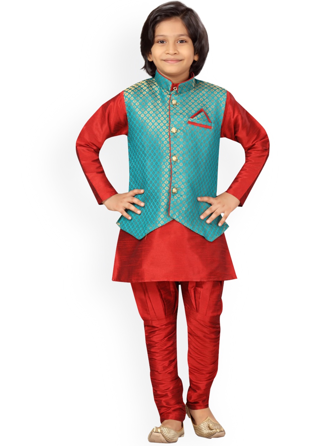 

LITTLE MAFIA BY Aarika Boys Red Regular Pure Silk Kurta & Churidar With Nehru Jacket